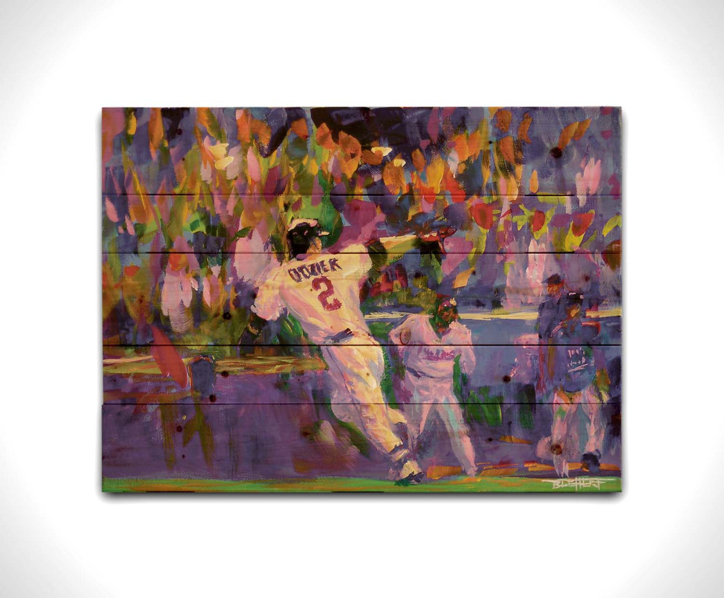 A painting of Minnesota Twins baseball player Brian Dozier, running to home plate to score the winning points. Printed on a wood pallet.