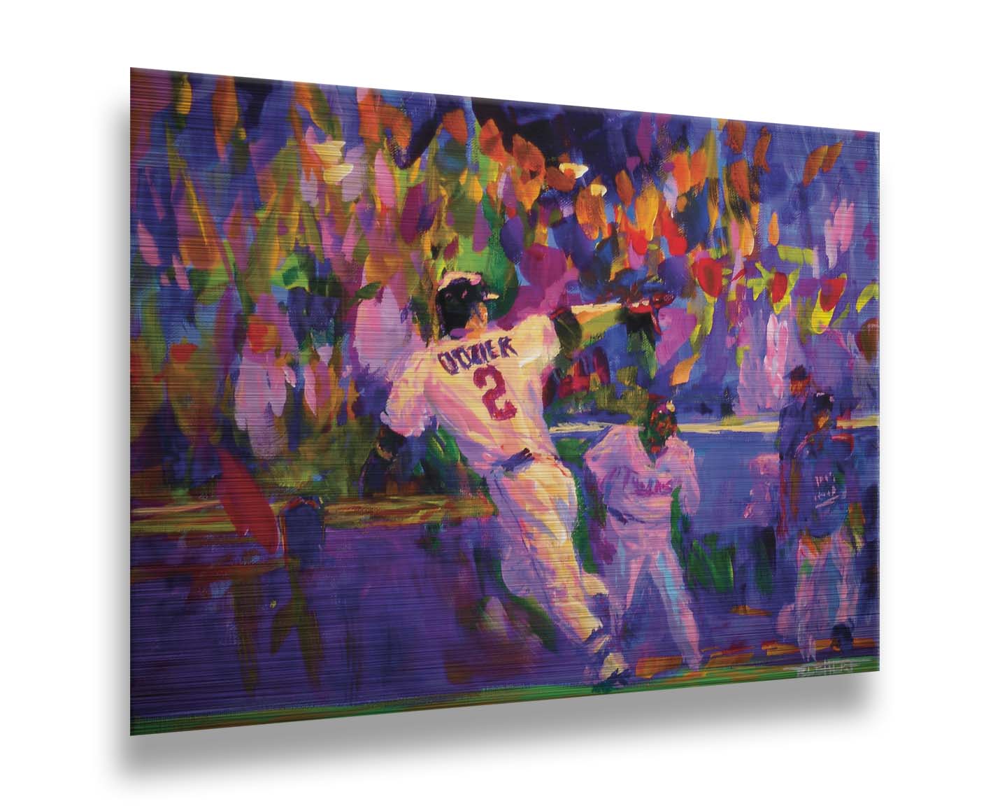 A painting of Minnesota Twins baseball player Brian Dozier, running to home plate to score the winning points. Printed on metal.