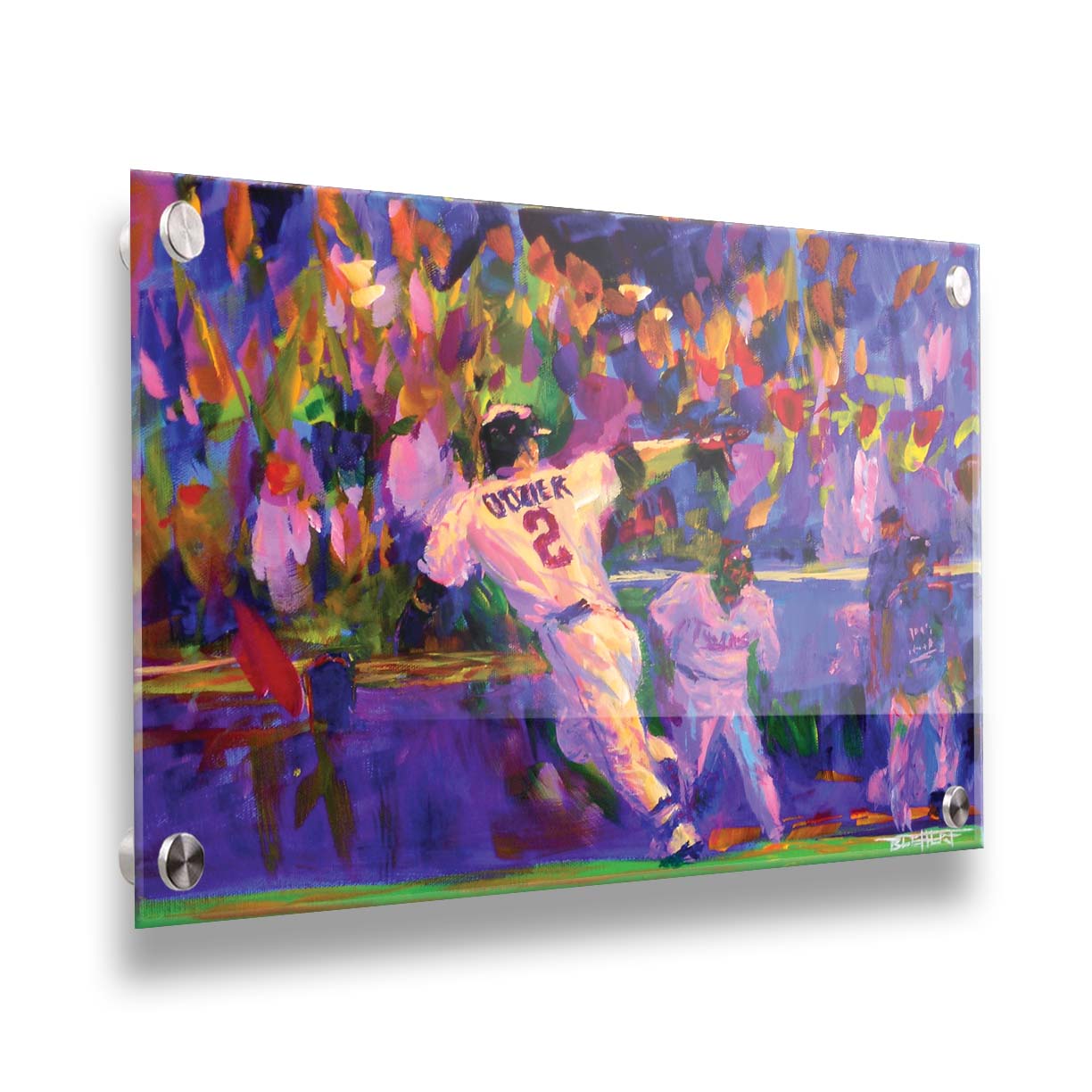 A painting of Minnesota Twins baseball player Brian Dozier, running to home plate to score the winning points. Printed on acrylic.