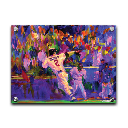 A painting of Minnesota Twins baseball player Brian Dozier, running to home plate to score the winning points. Printed on acrylic.