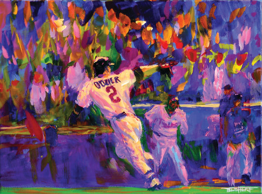 A painting of Minnesota Twins baseball player Brian Dozier, running to home plate to score the winning points.
