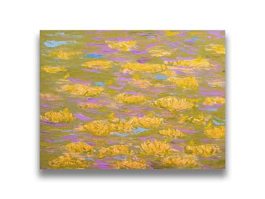 A painting of water lilies with yellow flowers on a pink pond. Printed on canvas.