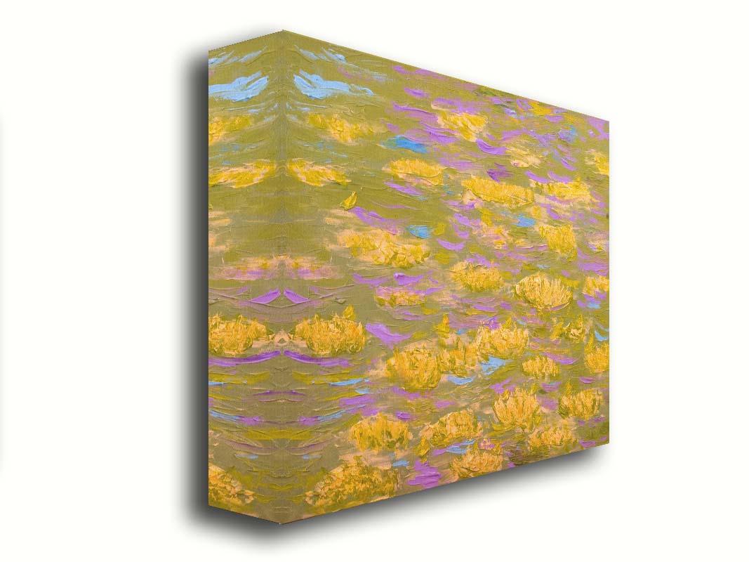 A painting of water lilies with yellow flowers on a pink pond. Printed on canvas.