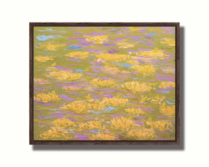 A painting of water lilies with yellow flowers on a pink pond. Printed on canvas in a float frame.