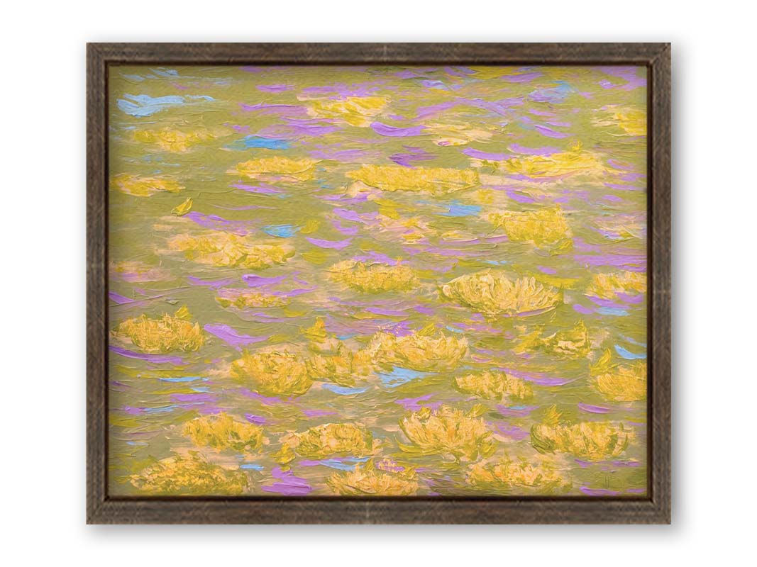 A painting of water lilies with yellow flowers on a pink pond. Printed on canvas and framed.