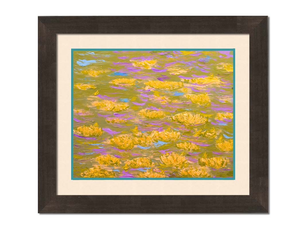 A painting of water lilies with yellow flowers on a pink pond. Printed on paper, matted, and framed.