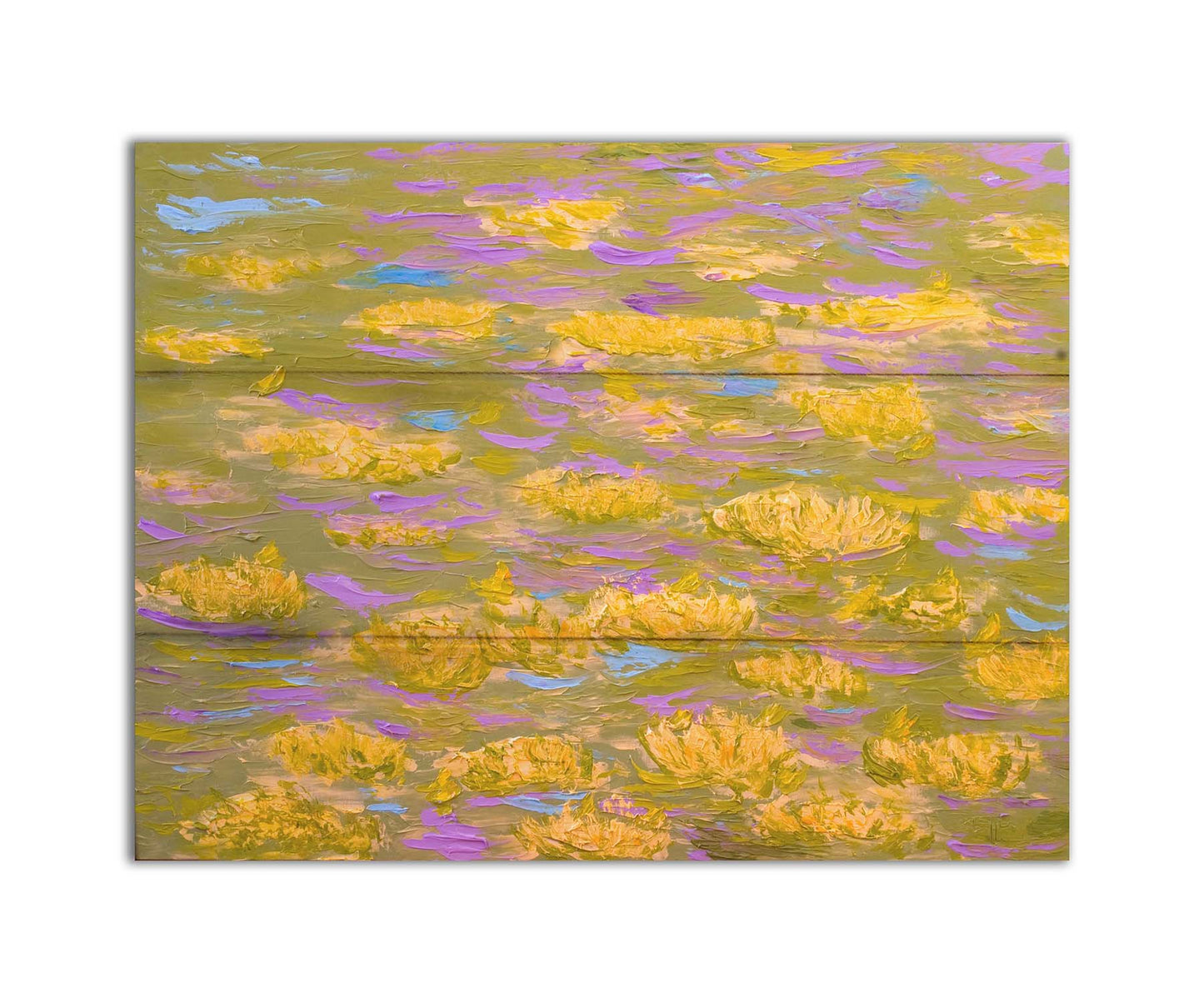 A painting of water lilies with yellow flowers on a pink pond. Printed on a box board.