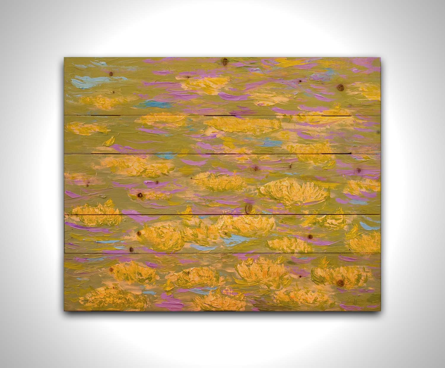 A painting of water lilies with yellow flowers on a pink pond. Printed on a wood pallet.