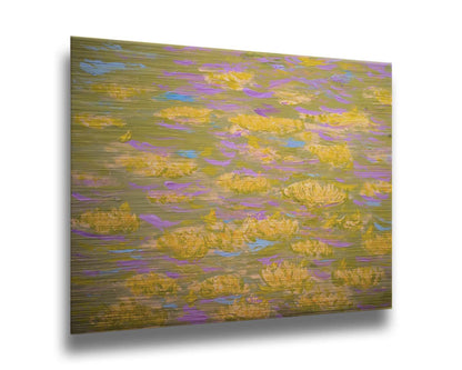 A painting of water lilies with yellow flowers on a pink pond. Printed on metal.