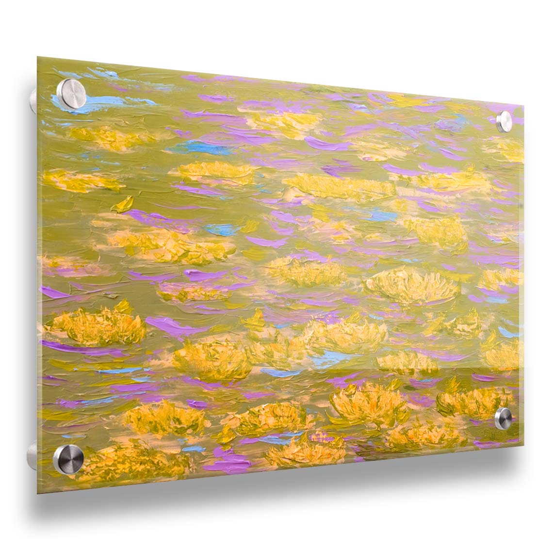 A painting of water lilies with yellow flowers on a pink pond. Printed on acrylic.