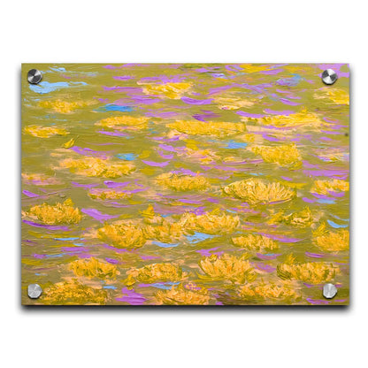 A painting of water lilies with yellow flowers on a pink pond. Printed on acrylic.