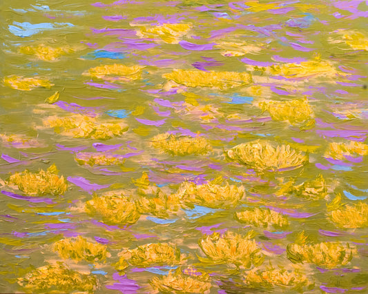 A painting of water lilies with yellow flowers on a pink pond.