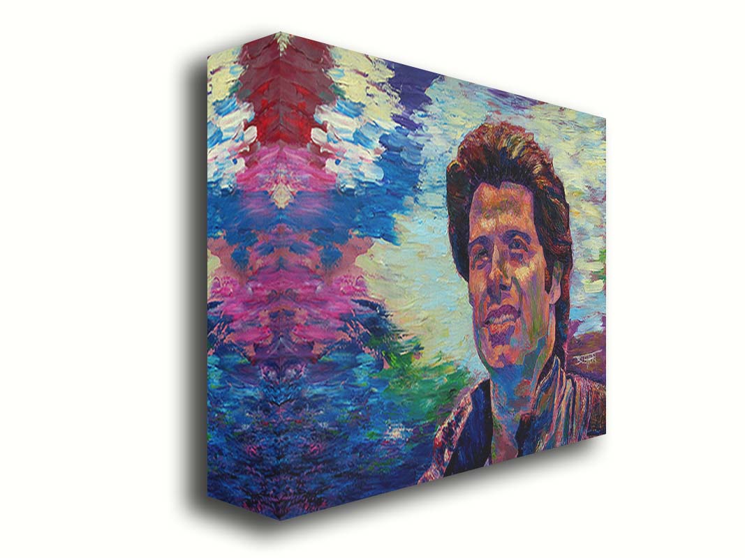 A portrait painting of American actor John Travolta, against an abstracted background scene suggesting the outdoors. Printed on canvas.