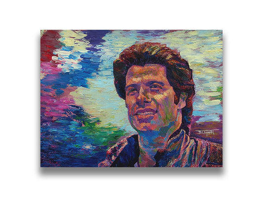 A portrait painting of American actor John Travolta, against an abstracted background scene suggesting the outdoors. Printed on canvas.