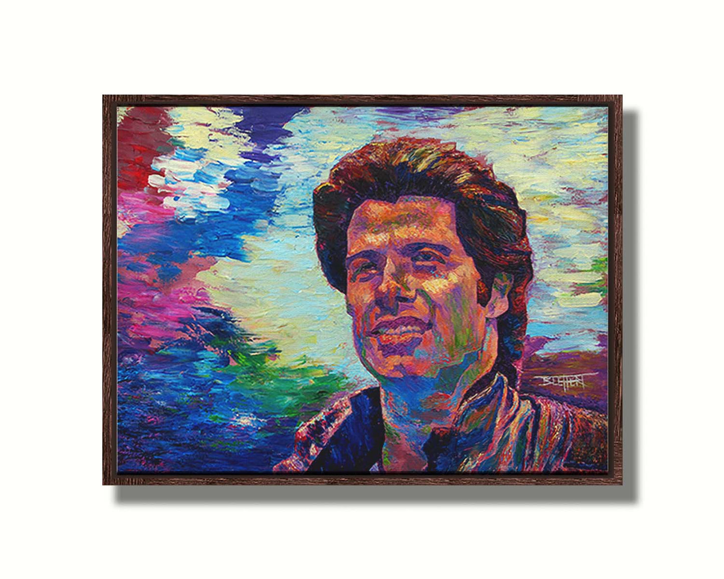 A portrait painting of American actor John Travolta, against an abstracted background scene suggesting the outdoors. Printed on canvas in a float frame.