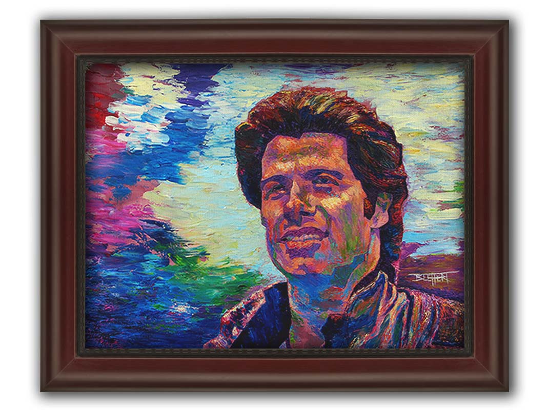 A portrait painting of American actor John Travolta, against an abstracted background scene suggesting the outdoors. Printed on canvas and framed.