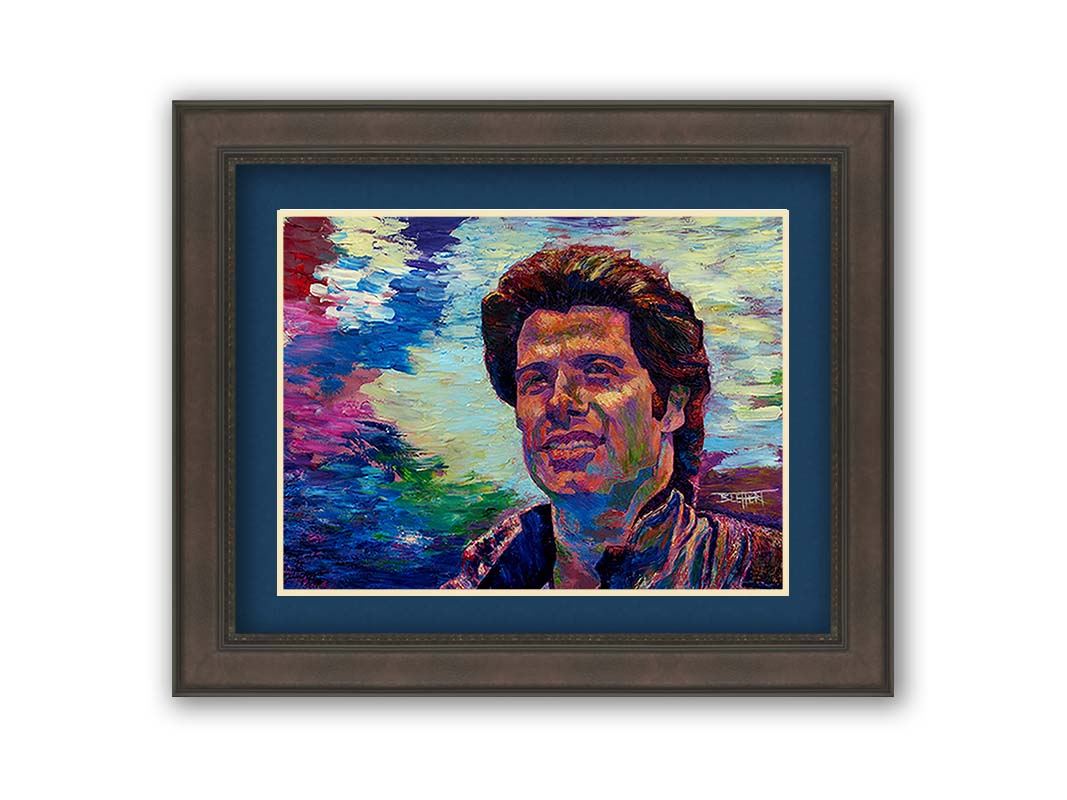 A portrait painting of American actor John Travolta, against an abstracted background scene suggesting the outdoors. Printed on paper, matted, and framed.