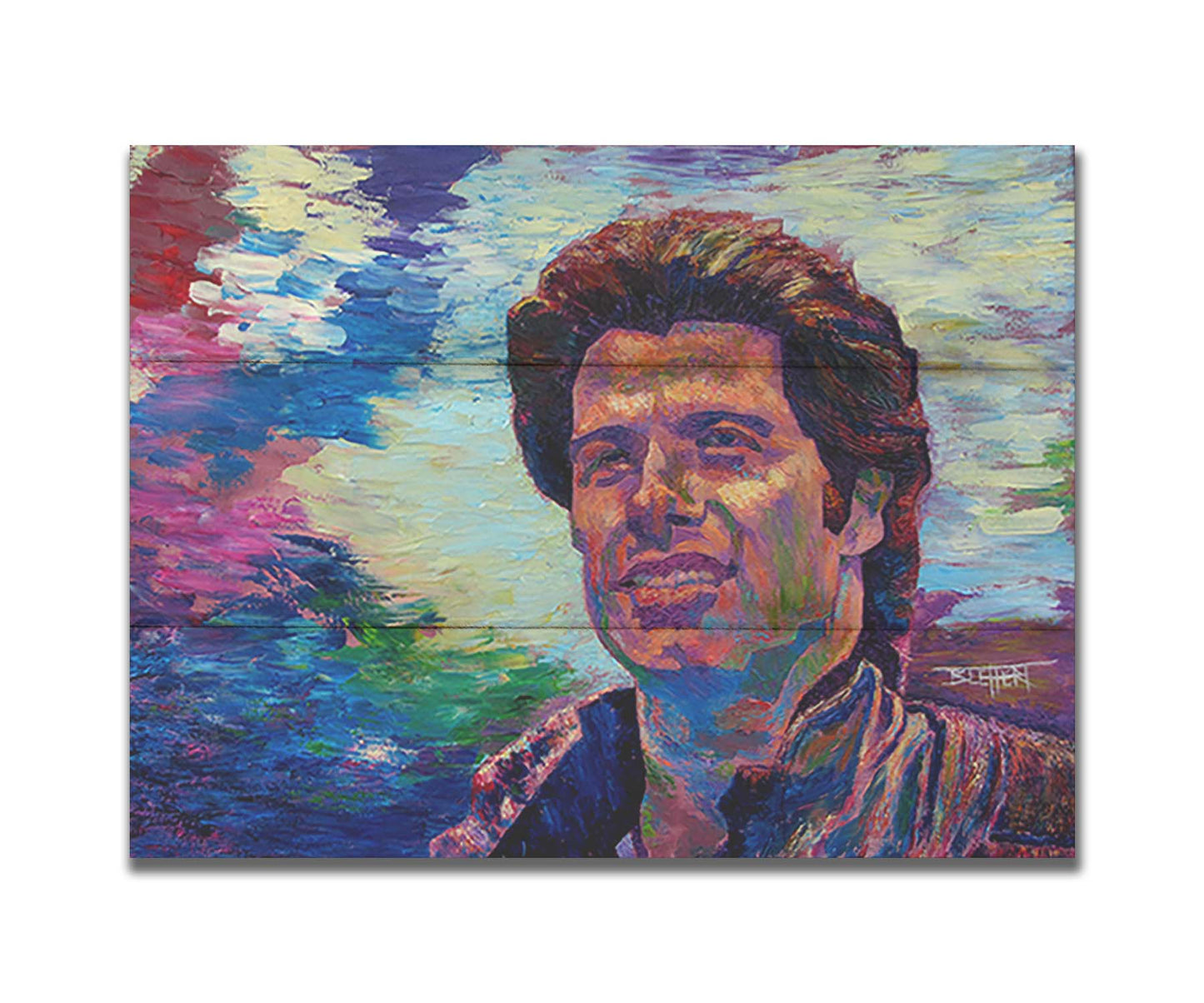 A portrait painting of American actor John Travolta, against an abstracted background scene suggesting the outdoors. Printed on a box board.