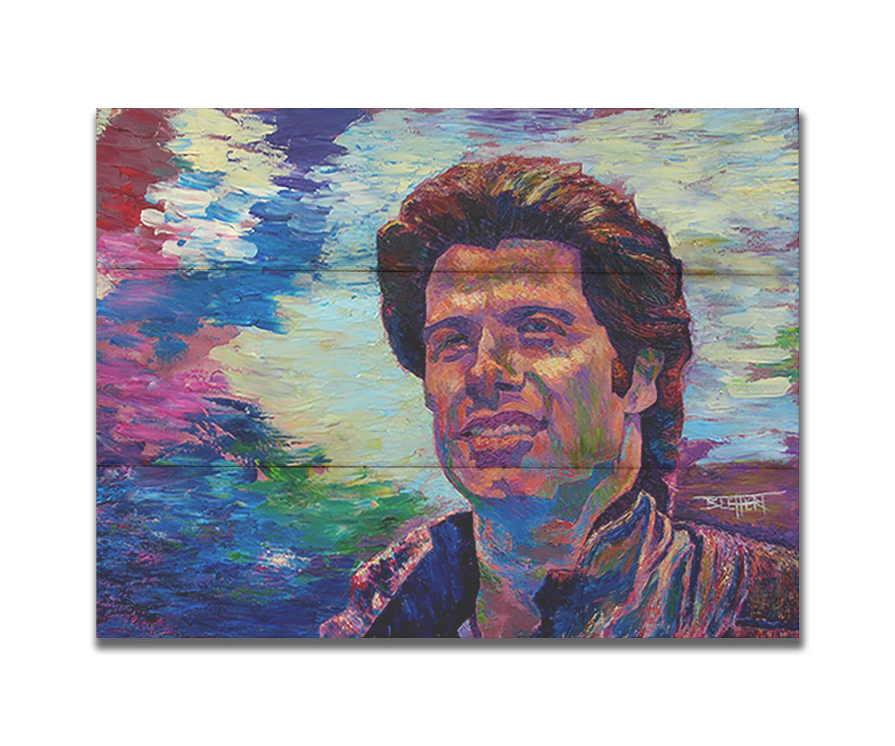 A portrait painting of American actor John Travolta, against an abstracted background scene suggesting the outdoors. Printed on a box board.