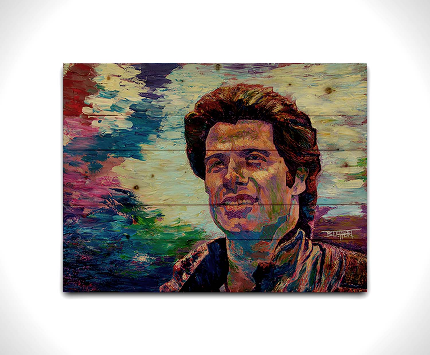 A portrait painting of American actor John Travolta, against an abstracted background scene suggesting the outdoors. Printed on a wood pallet.