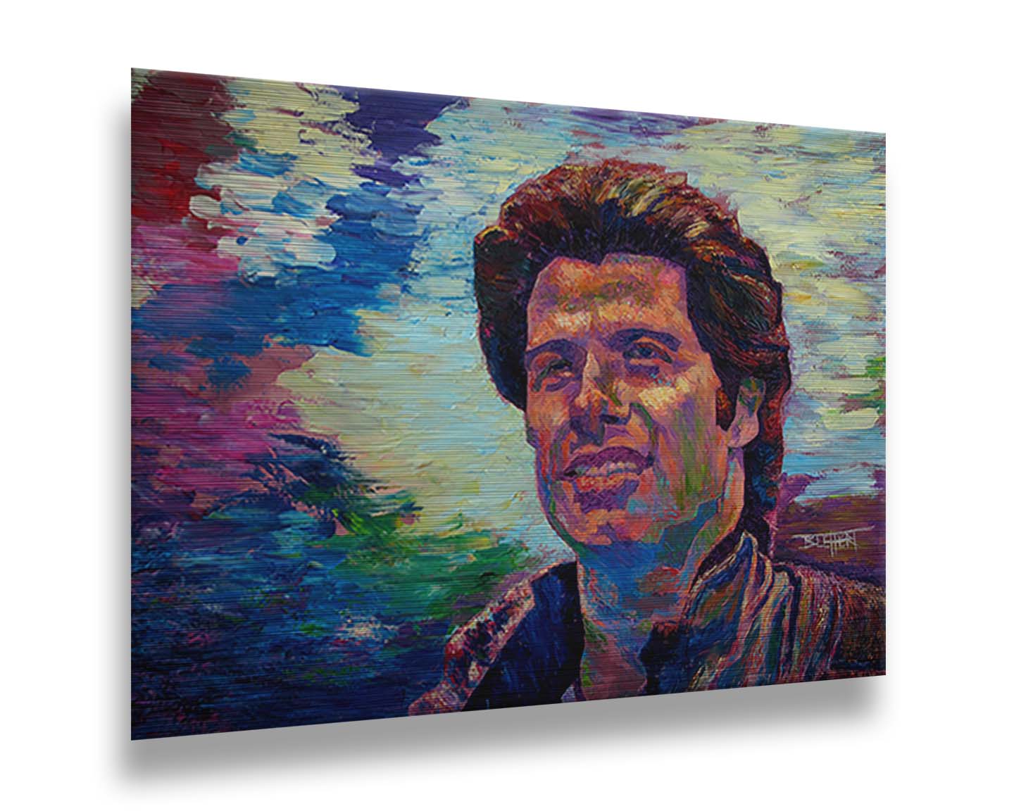 A portrait painting of American actor John Travolta, against an abstracted background scene suggesting the outdoors. Printed on metal.