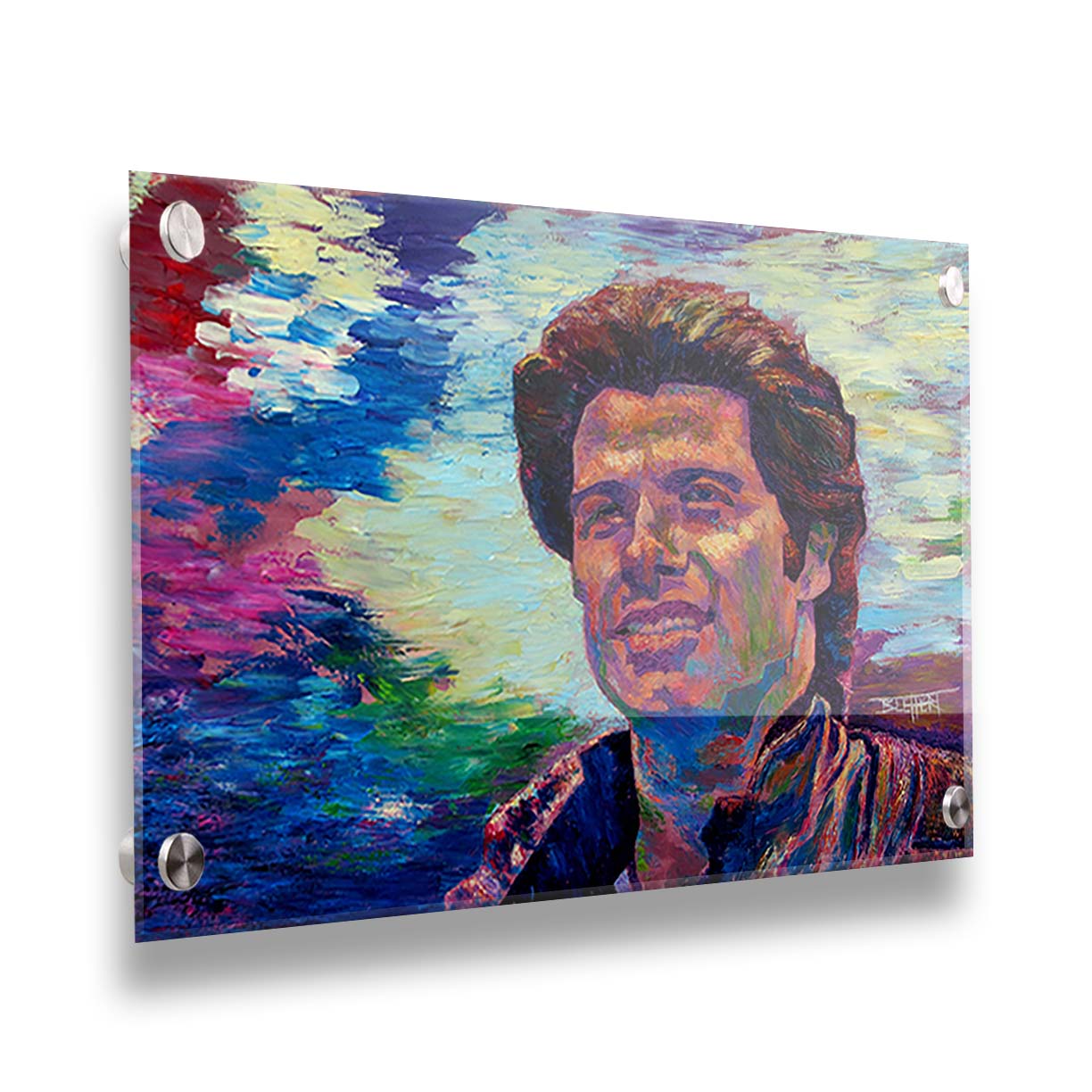 A portrait painting of American actor John Travolta, against an abstracted background scene suggesting the outdoors. Printed on acrylic.