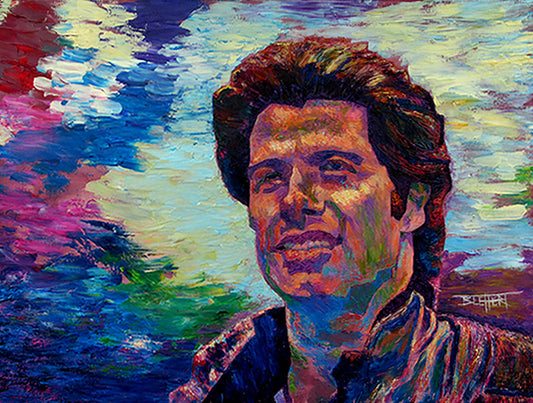 A portrait painting of American actor John Travolta, against an abstracted background scene suggesting the outdoors.