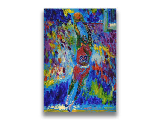 A painting of Michael Jordan about to dunk a basketball. Printed on canvas.