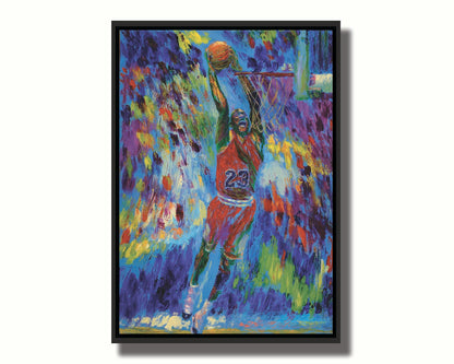 A painting of Michael Jordan about to dunk a basketball. Printed on canvas in a float frame.