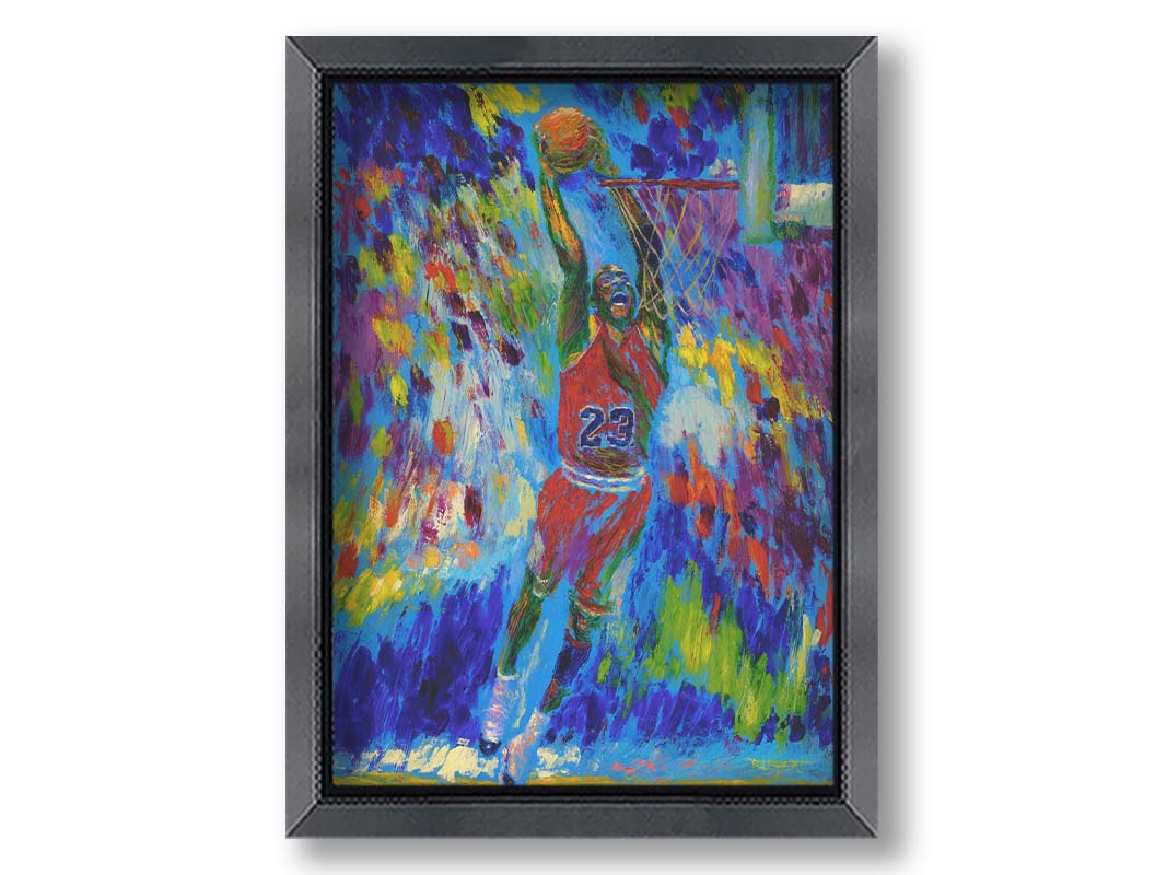 A painting of Michael Jordan about to dunk a basketball. Printed on canvas and framed.