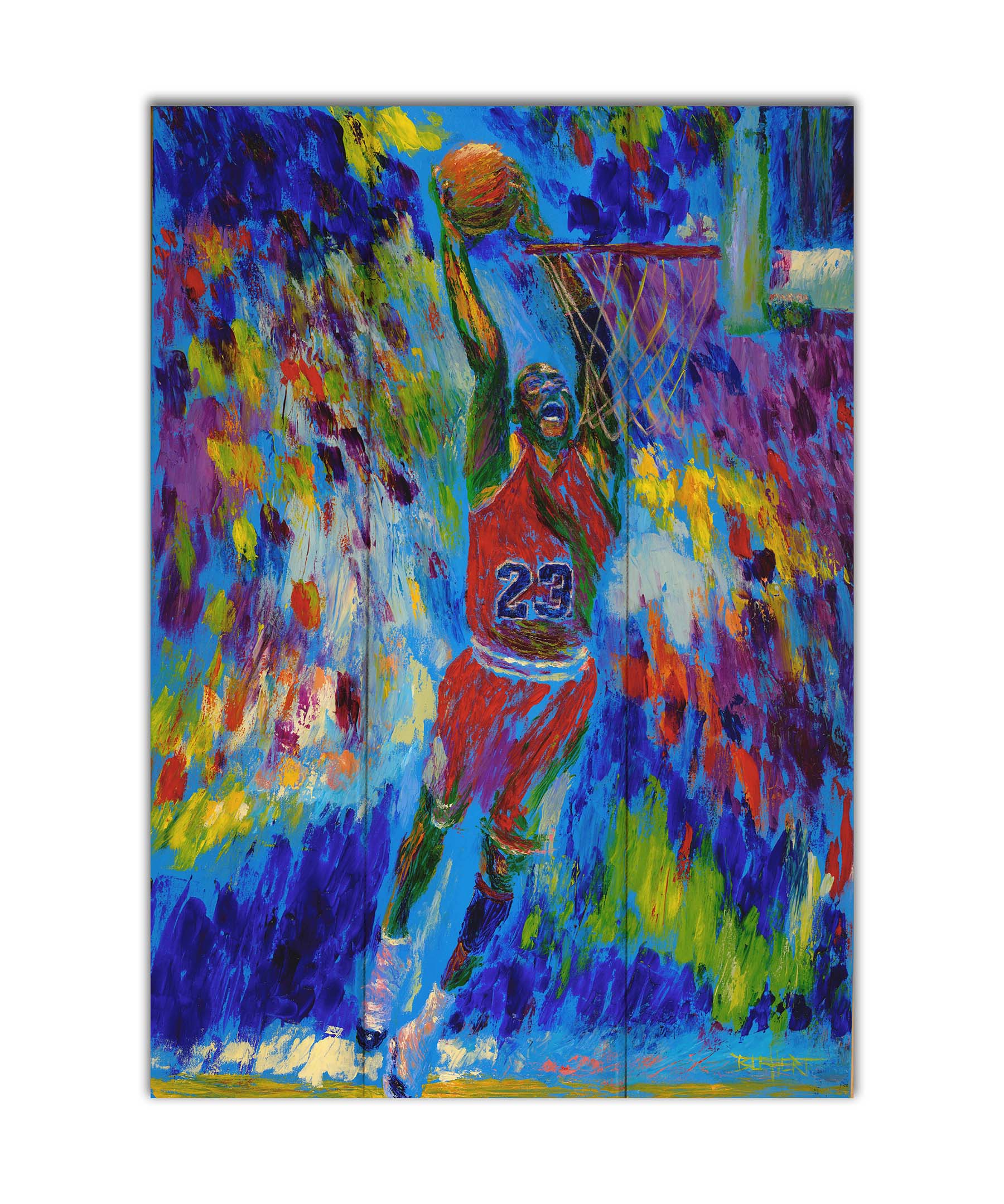 A painting of Michael Jordan about to dunk a basketball. Printed on a box board.