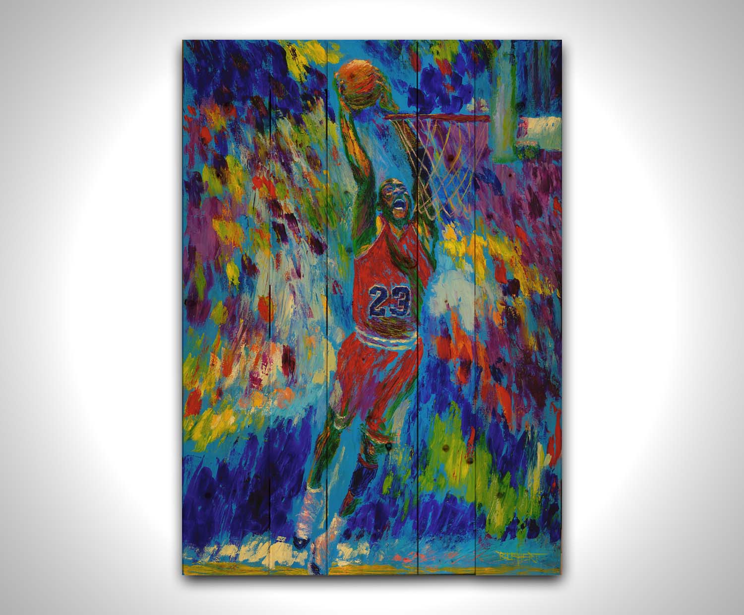 A painting of Michael Jordan about to dunk a basketball. Printed on a wood pallet.