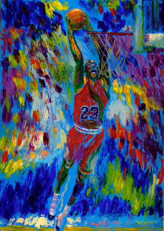 A painting of Michael Jordan about to dunk a basketball. 