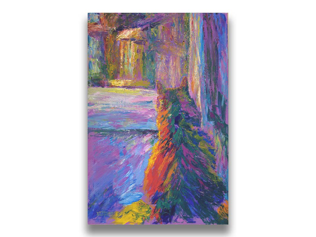 A colorful painting of a cat, staring out a window at a birdhouse. Printed on canvas.