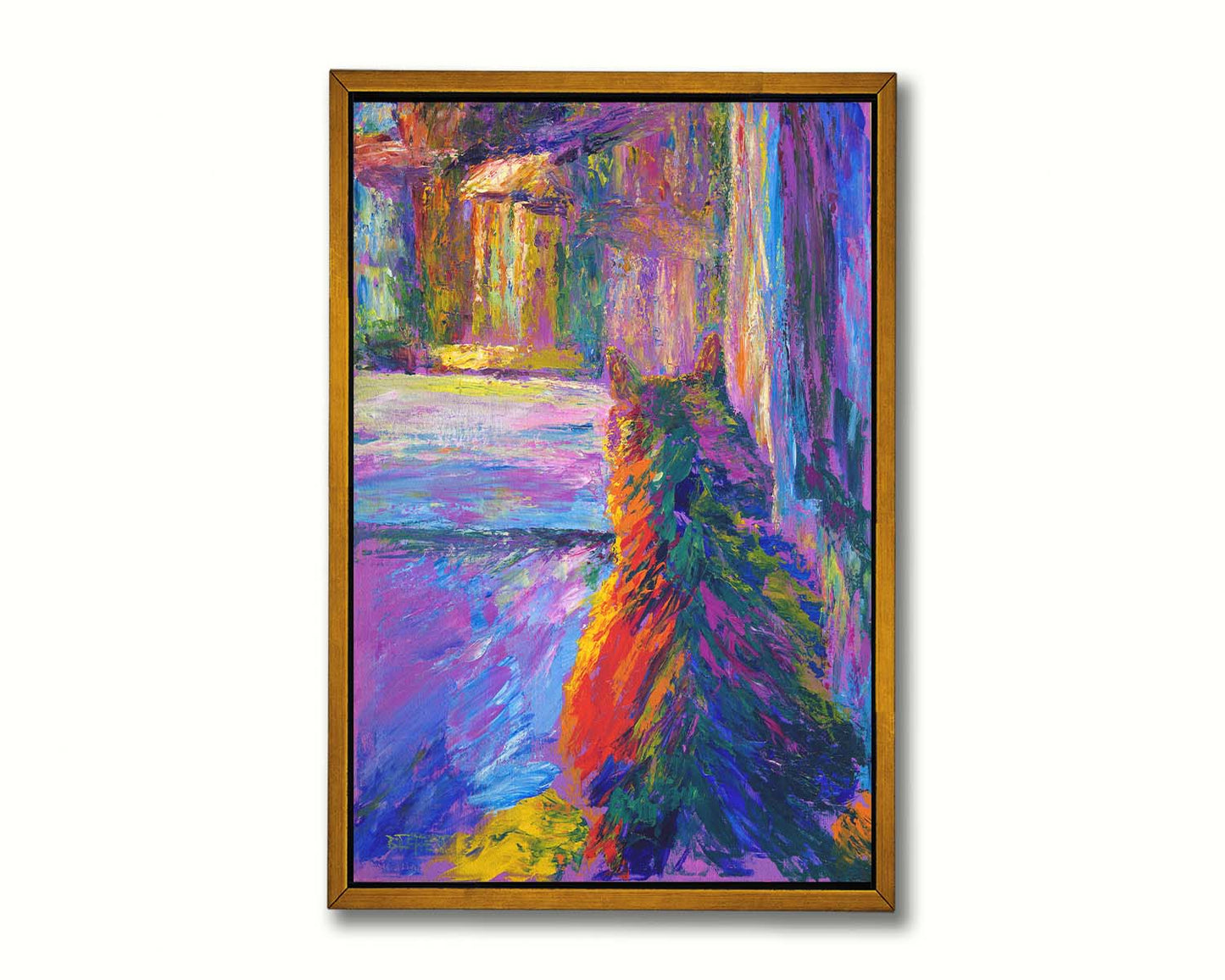 A colorful painting of a cat, staring out a window at a birdhouse. Printed on canvas in a float frame.