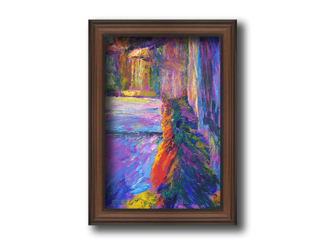 A colorful painting of a cat, staring out a window at a birdhouse. Printed on canvas and framed.