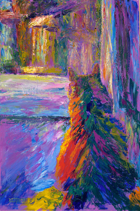 A colorful painting of a cat, staring out a window at a birdhouse.