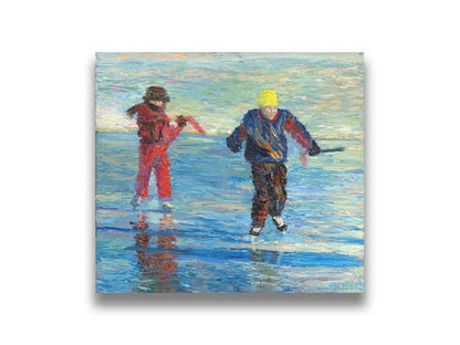 A paitning of two people enjoying a game of hockey on an icy lake surrounded by snow. Printed on canvas.