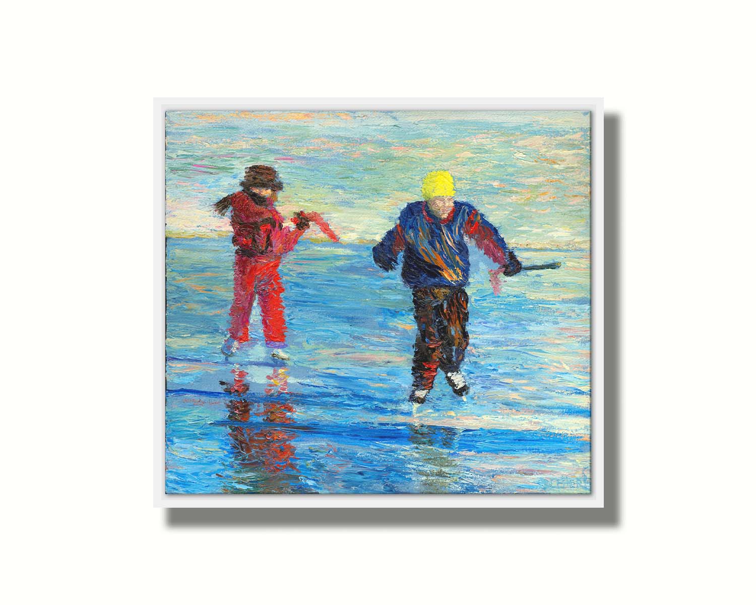 A paitning of two people enjoying a game of hockey on an icy lake surrounded by snow. Printed on canvas in a float frame.