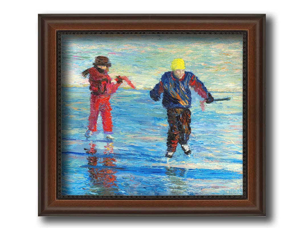 A paitning of two people enjoying a game of hockey on an icy lake surrounded by snow. Printed on canvas and framed.