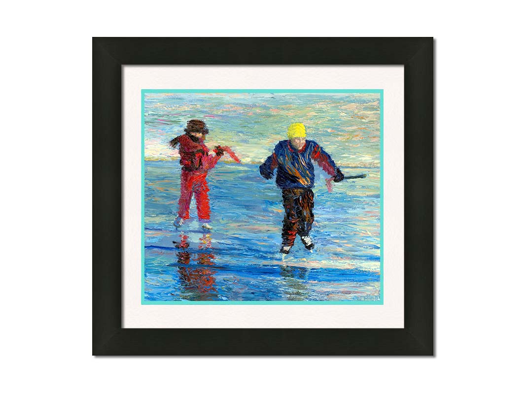 A paitning of two people enjoying a game of hockey on an icy lake surrounded by snow. Printed on paper, matted, and framed.