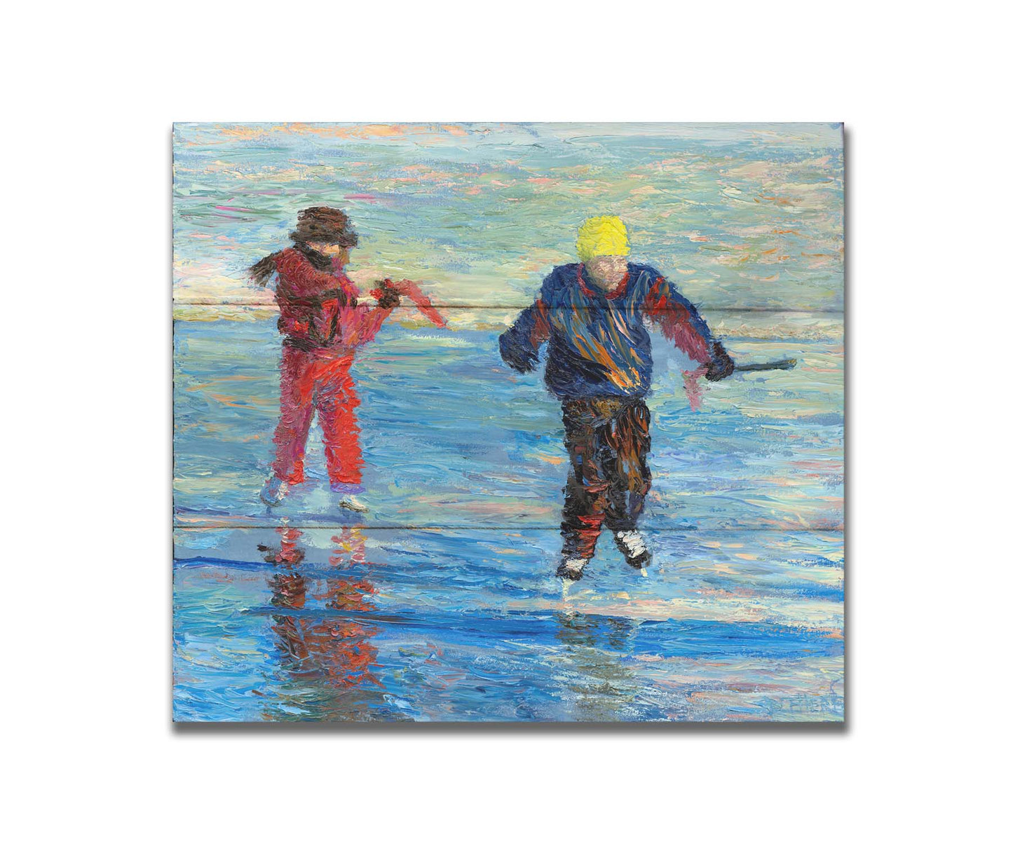 A paitning of two people enjoying a game of hockey on an icy lake surrounded by snow. Printed on a box board.