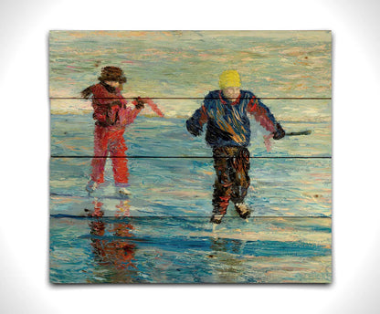 A paitning of two people enjoying a game of hockey on an icy lake surrounded by snow. Printed on a wood pallet.