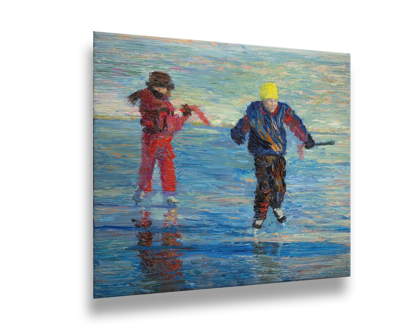 A paitning of two people enjoying a game of hockey on an icy lake surrounded by snow. Printed on metal.