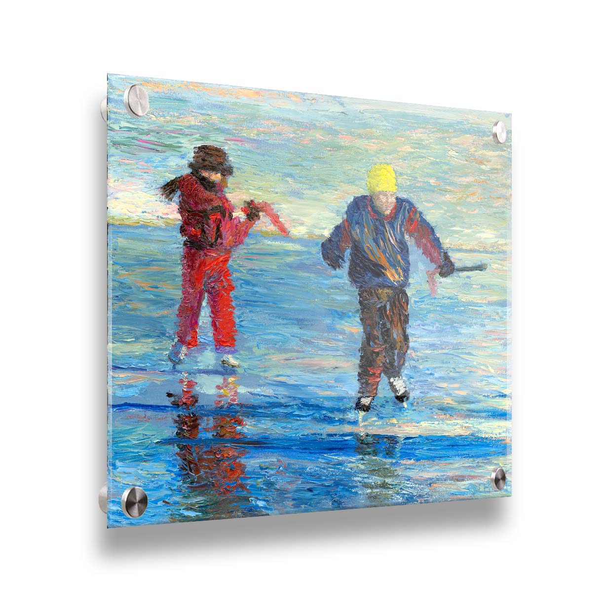 A paitning of two people enjoying a game of hockey on an icy lake surrounded by snow. Printed on acrylic.