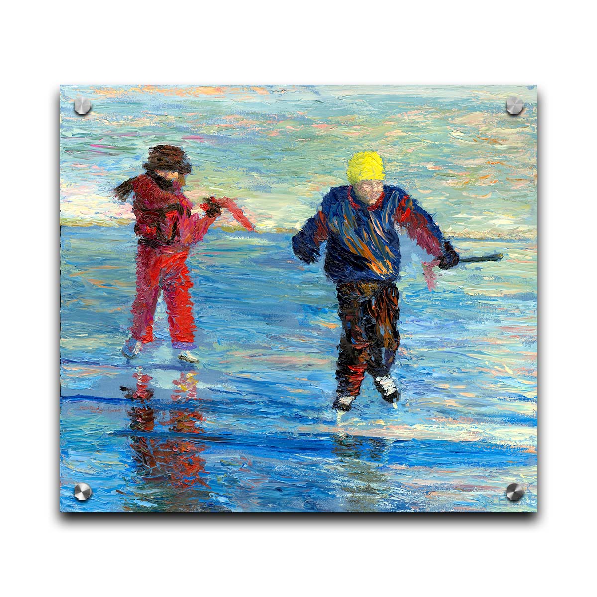 A paitning of two people enjoying a game of hockey on an icy lake surrounded by snow. Printed on acrylic.