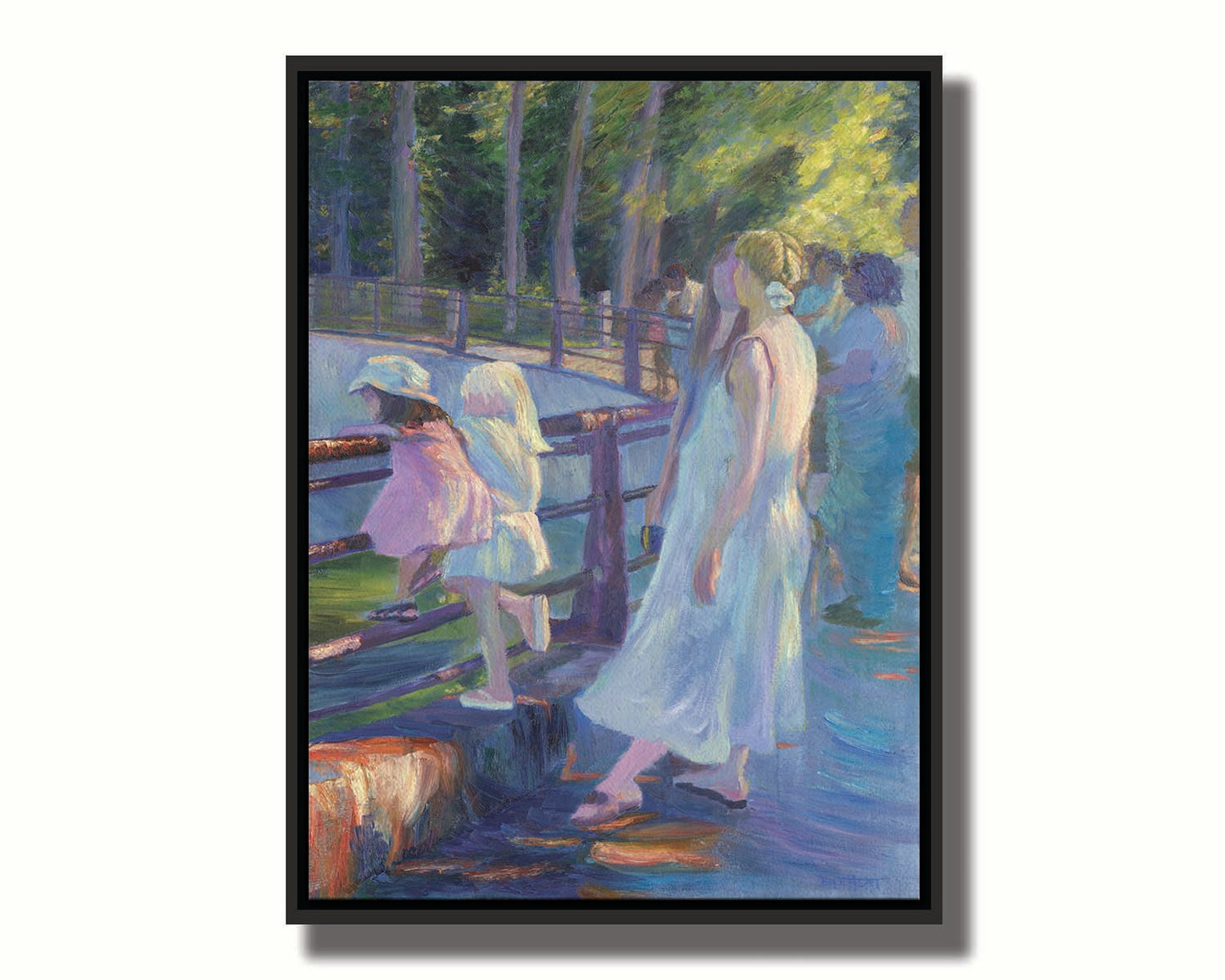 A painting of a woman and two children among a crowd, looking down into an enclosure at the zoo animals. Printed on canvas in a float frame.