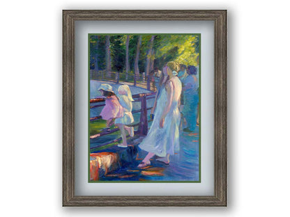 A painting of a woman and two children among a crowd, looking down into an enclosure at the zoo animals. Printed on paper, matted, and framed.