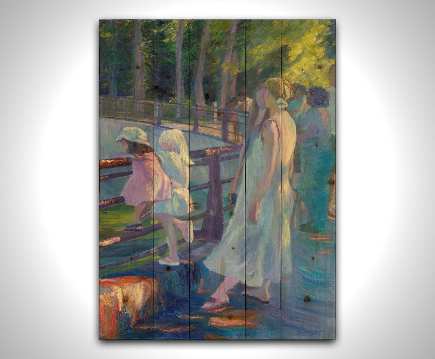 A painting of a woman and two children among a crowd, looking down into an enclosure at the zoo animals. Printed on a wood pallet.