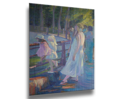 A painting of a woman and two children among a crowd, looking down into an enclosure at the zoo animals. Printed on metal.